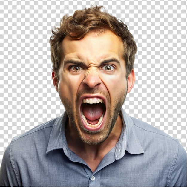 PSD portrait of screaming man isolated on transparent background