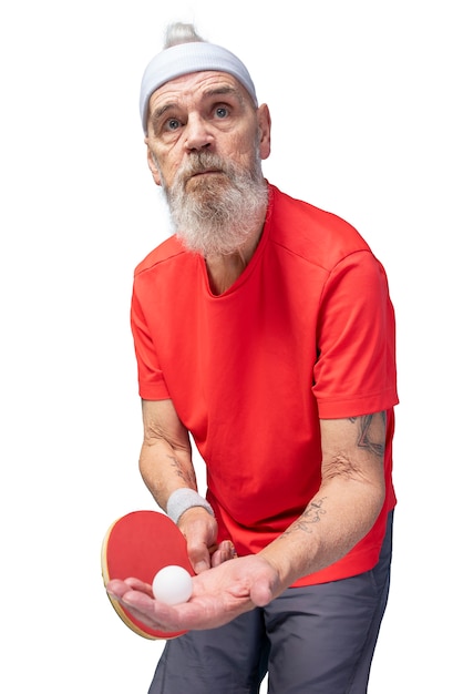 PSD portrait of senior man with ping pong gear