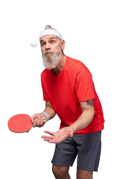 PSD portrait of senior man with ping pong gear