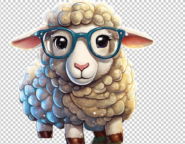 Portrait of a sheep wearing glasses isolated on transparent background