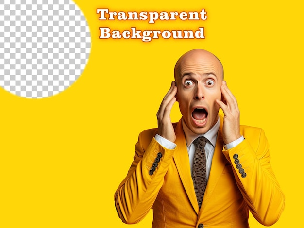 Portrait of shocked bald man hand on head wearing yellow suit on transparent background