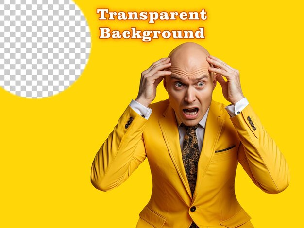 Portrait of shocked bald man hand on head wearing yellow suit on transparent background