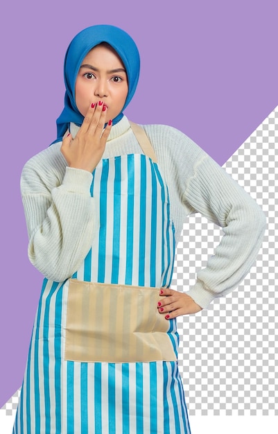 Portrait of shocked young housewife woman in hijab and apron covering mouth with hands isolated on purple background people housewife muslim lifestyle concept