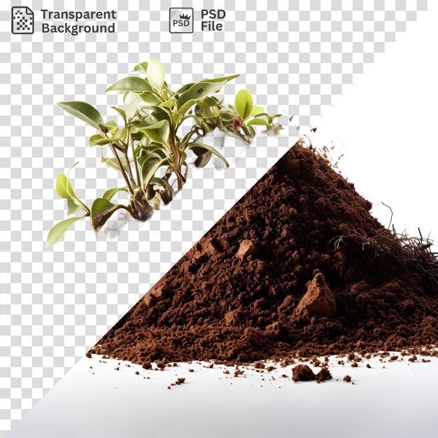 PSD portrait of a small plant with green leaves and a brown rock in the dirt under a white sky