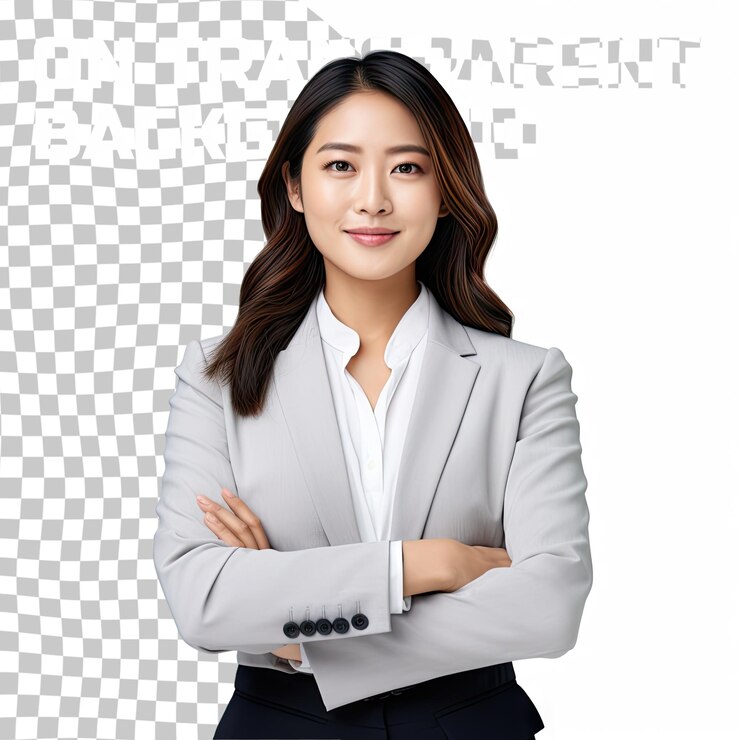 PSD 웃는 아시아 사업가 여성의 초상화. 팔을 접고 투명한 배경 위에 고립된 카메라를 바라보고 있습니다.