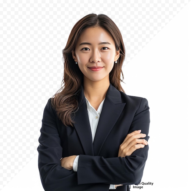 Ritratto di una donna d'affari asiatica sorridente in piedi con le braccia conserte e guardando la fotocamera isolata su sfondo bianco isolato