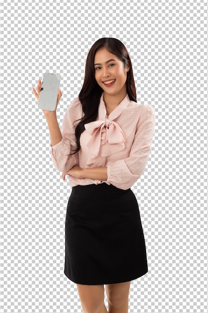 PSD portrait of a smiling asian woman using smartphone psd file