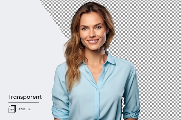 PSD portrait of a smiling business woman in blue shirt transparent background