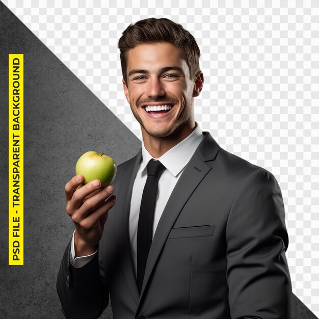 Portrait of a smiling businessman in suit is eating an apple transparent background psd