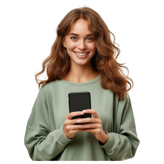 Portrait of a smiling casual woman holding smartphone