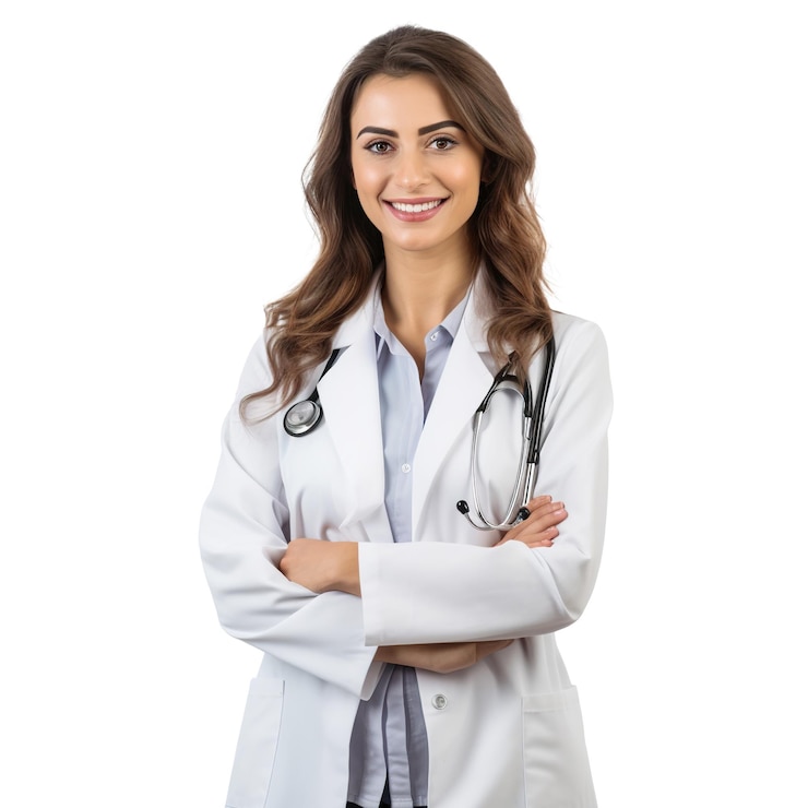 PSD portrait of smiling female doctor isolated on white background