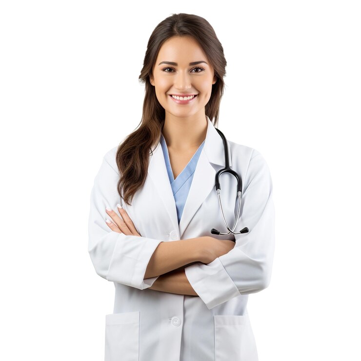 PSD portrait of smiling female doctor isolated on white background