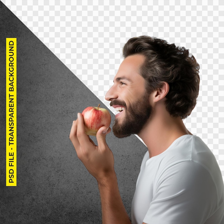 PSD portrait of smiling man is eating an apple transparent psd