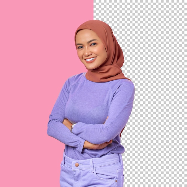 Portrait of smiling young Asian woman crossing hand and looking at camera