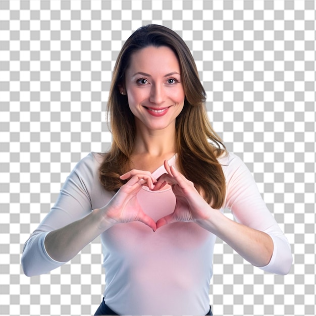 PSD portrait of a smiling young asian woman hand in heart shaped