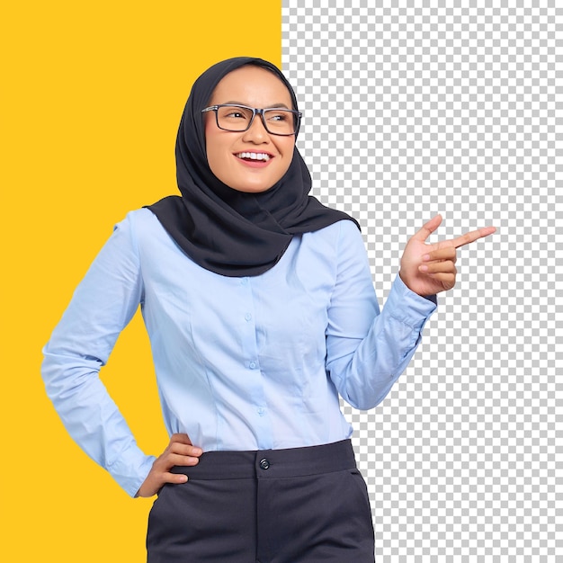 portrait of smiling young asian woman pointing finger at copy space