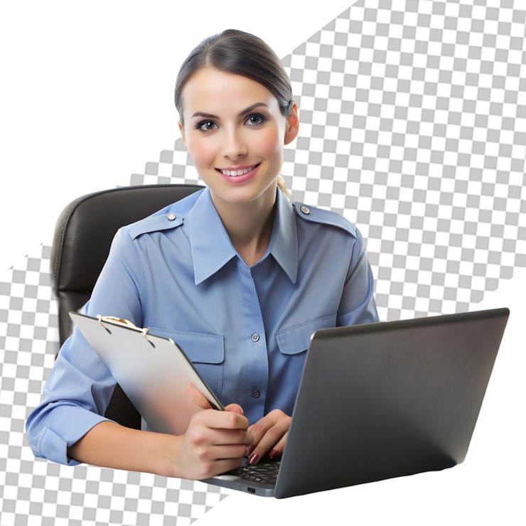 PSD portrait of a smiling young businesswoman holding eyeglasses in hand with laptop on desk