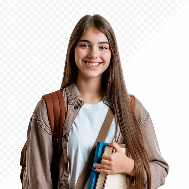 PSD portrait of smiling young college student with books and backpack against white isolated background