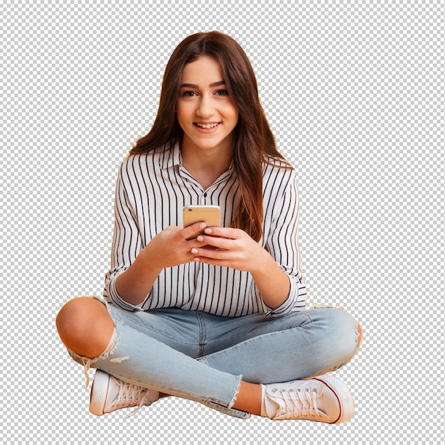 携帯電話を持った笑顔の若い女の子の肖像画