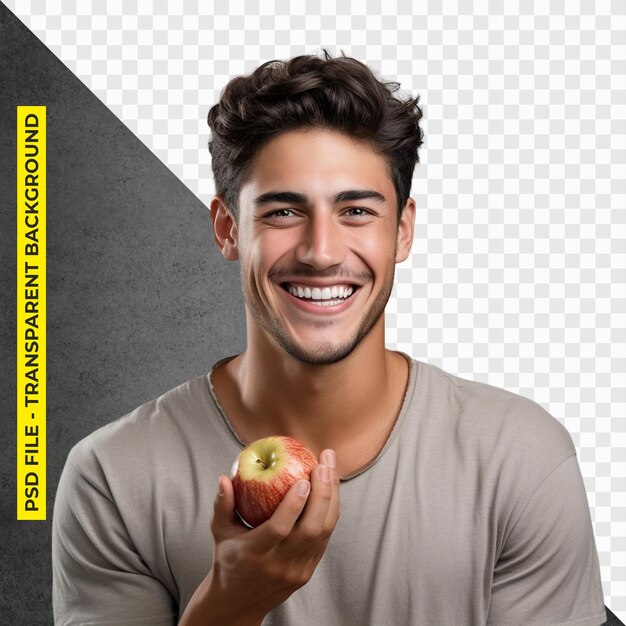 Portrait of smiling young man eating an apple transparent background PSD