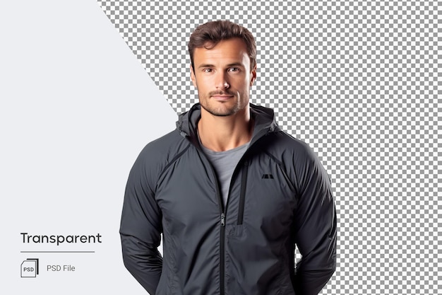 PSD portrait of sports man in black sweatshirt is ready for workout training such as running
