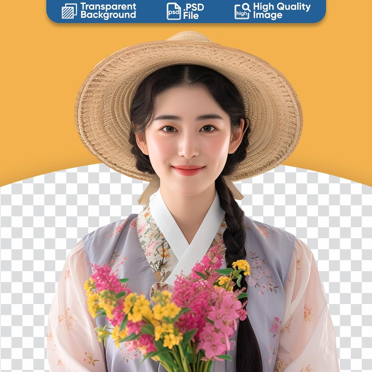 PSD 옷과 모자를 입고 꽃을 들고 있는 봄 준비 미소 짓는 젊은 아시아 여성의 초상화