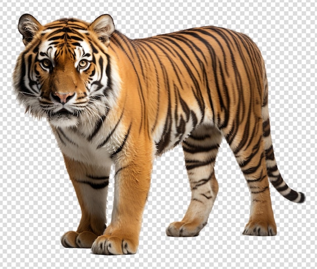 PSD ritratto di un animale tigre in piedi visto sul lato isolato su uno sfondo trasparente