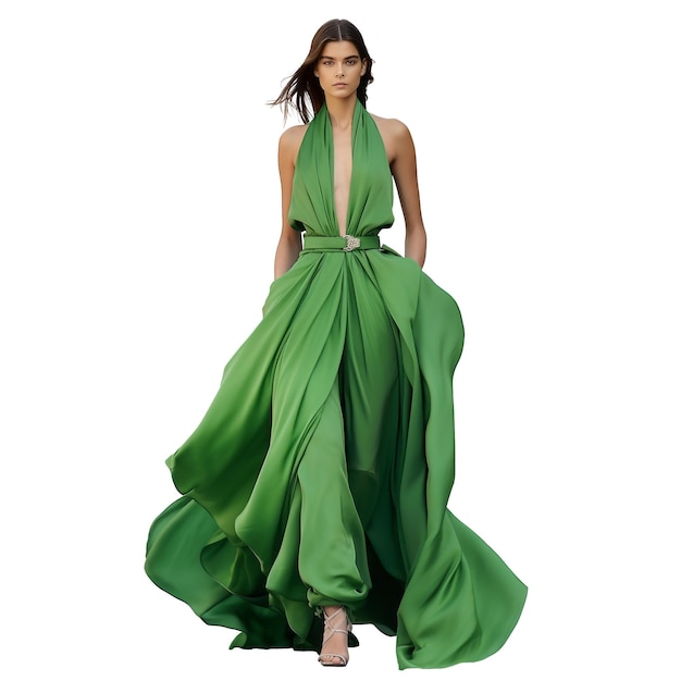 Portrait of stylish model in green dress on a white transparent background Fashion show