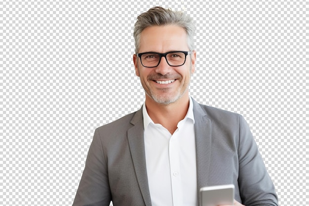 Portrait of successful and happy businessman isolated on a transparent background