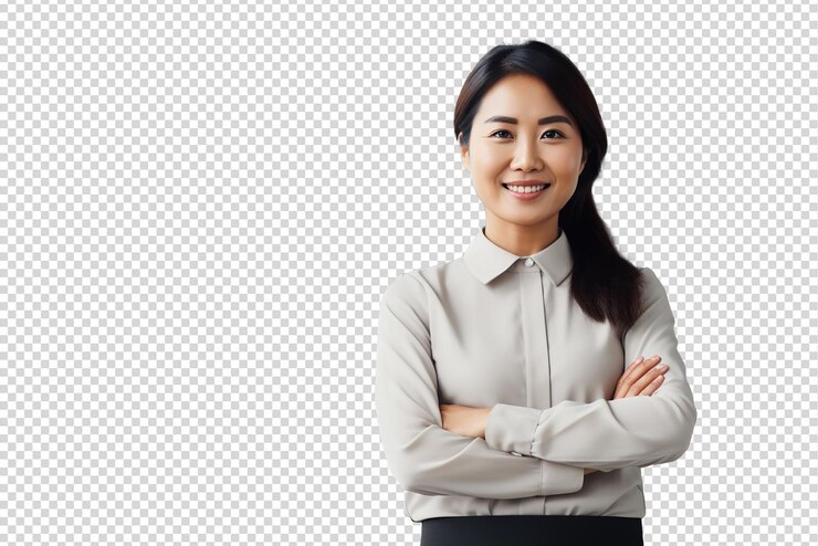PSD 성공적이고 행복한 사업가 여성의 초상화는 투명한 배경에 고립되어 있습니다.
