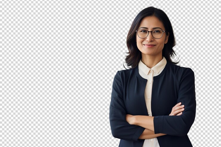 PSD 성공적이고 행복한 사업가 여성의 초상화는 투명한 배경에 고립되어 있습니다.
