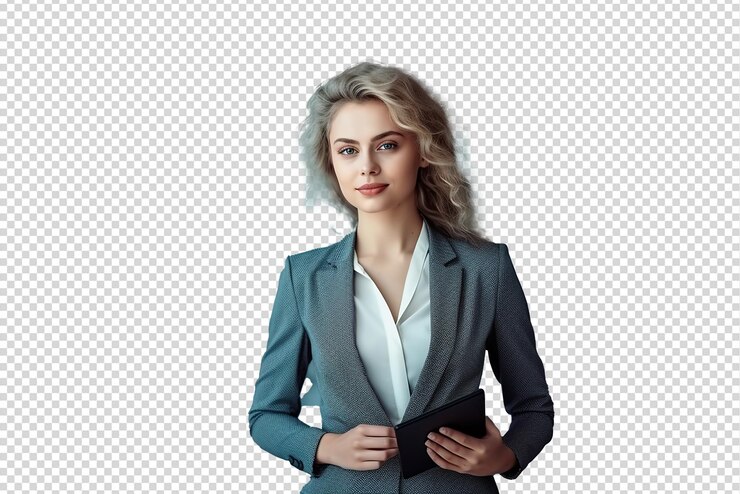 PSD портрет успешной и счастливой деловой женщины, изолированной на прозрачном фоне