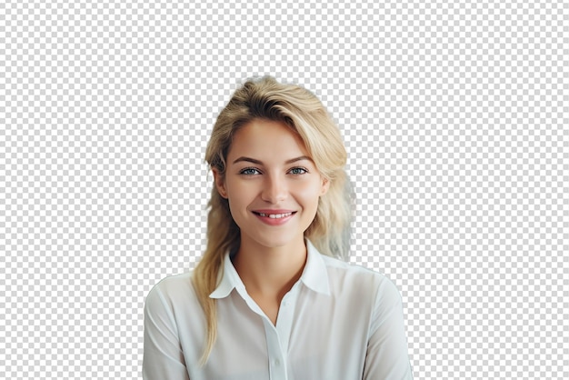 PSD portrait of successful and happy businesswoman isolated on a transparent background