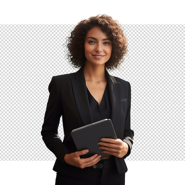Portrait of successful and happy businesswoman isolated on transparent background