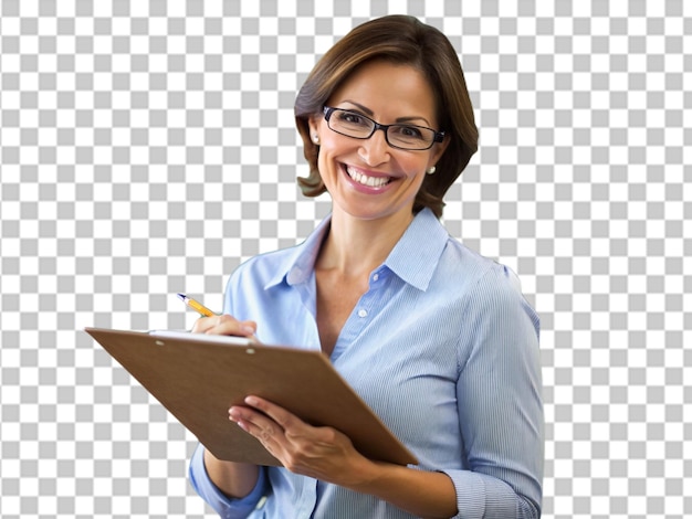 PSD portrait of teacher writing on clipboard and smiling