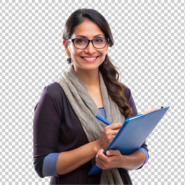 PSD portrait of teacher writing on clipboard and smiling