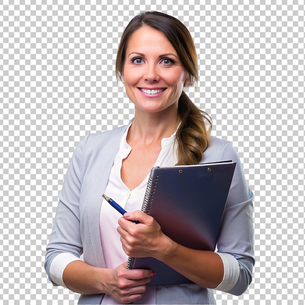 PSD portrait of teacher writing on clipboard and smiling