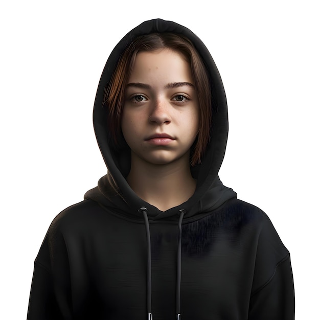 Portrait of a teenage girl in a black hoodie isolated on white background