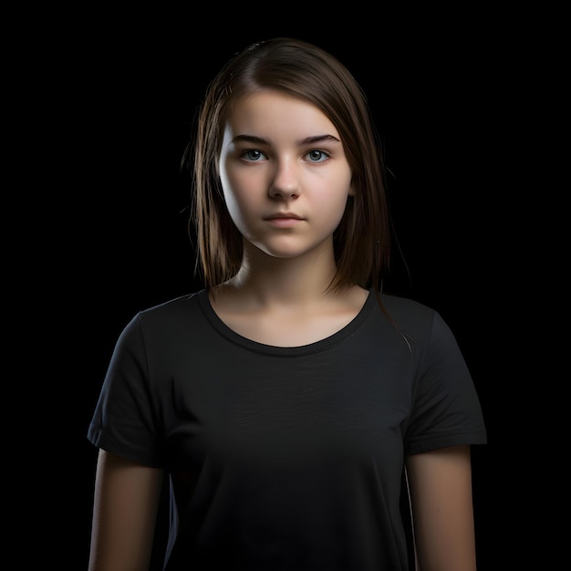 Portrait of a teenage girl in a black t shirt on a black background