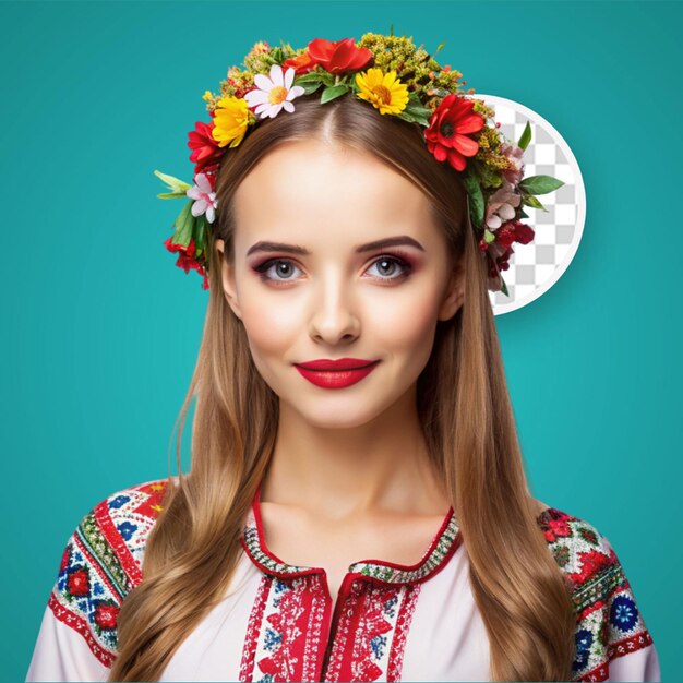 Portrait of ukrainian woman in traditional ethnic clothing and floral red wreath on viva magenta studio