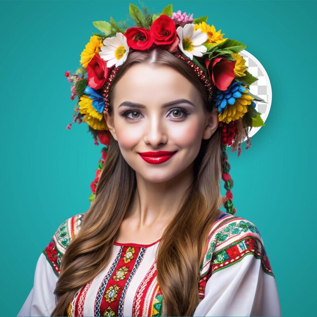 PSD portrait of ukrainian woman in traditional ethnic clothing and floral red wreath on viva magenta studio