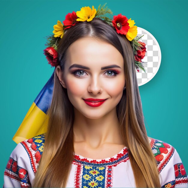 Portrait of ukrainian woman in traditional ethnic clothing and floral red wreath on viva magenta studio