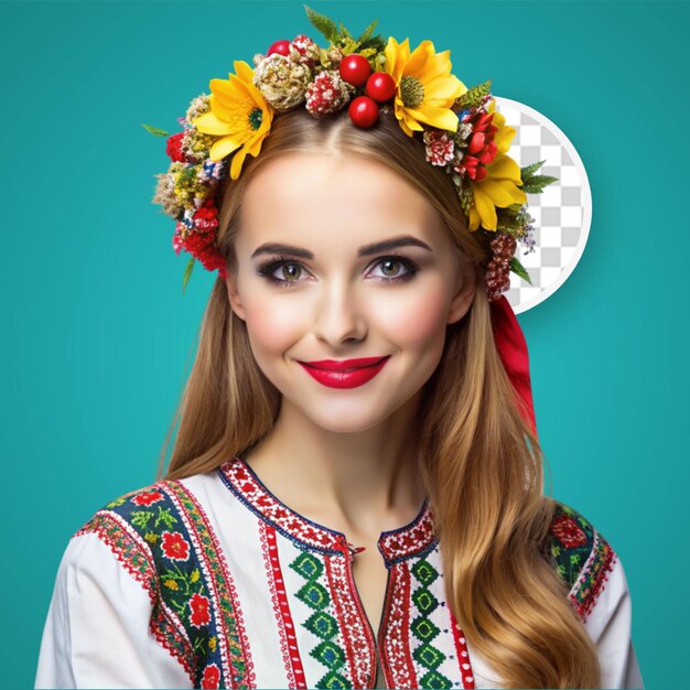 PSD portrait of ukrainian woman in traditional ethnic clothing and floral red wreath on viva magenta studio