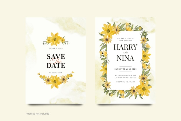 Portrait Wedding Invitation with Yellow Flower Watercolor