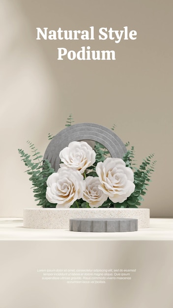 PSD in portrait white rose and leaf with arch 3d render mockup space terrazzo and concrete podium