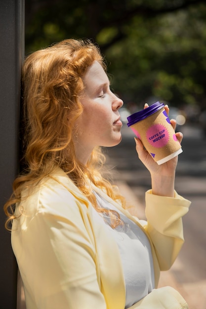 PSD portrait of woman having a cup of coffee