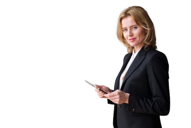 PSD portrait of woman using tablet device