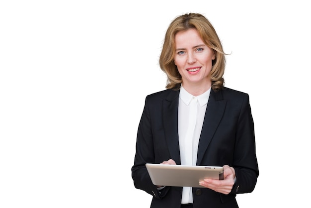 PSD portrait of woman using tablet device