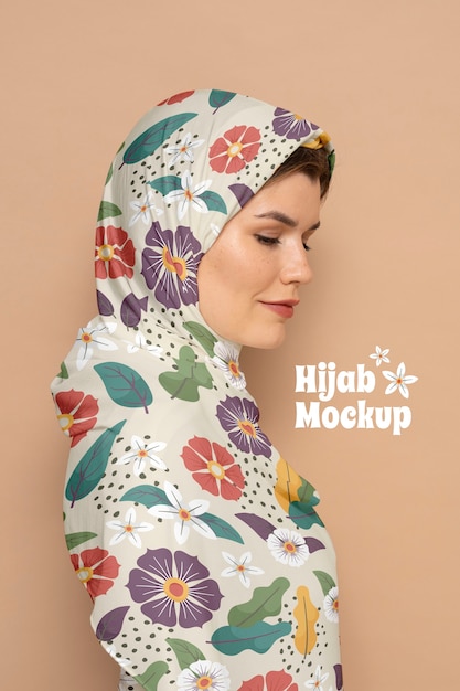 PSD portrait of woman wearing islamic floral hijab