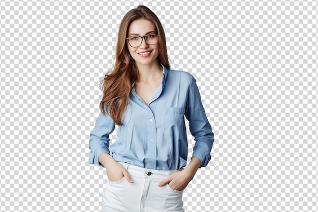 portrait of woman with hands in pockets on white isolated background